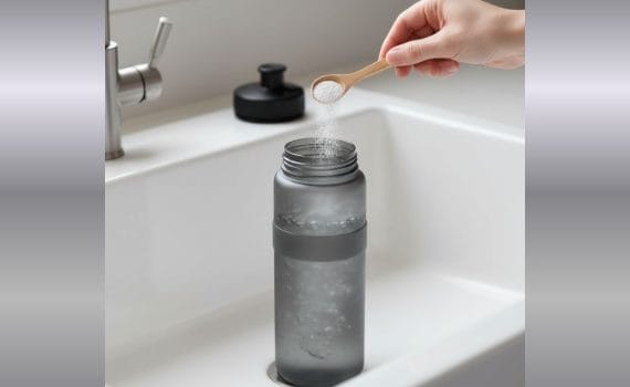 Mano añadiendo percarbonato con una cuchara a una botella reutilizable para aplicar un método de limpieza natural y eliminar el mal olor.